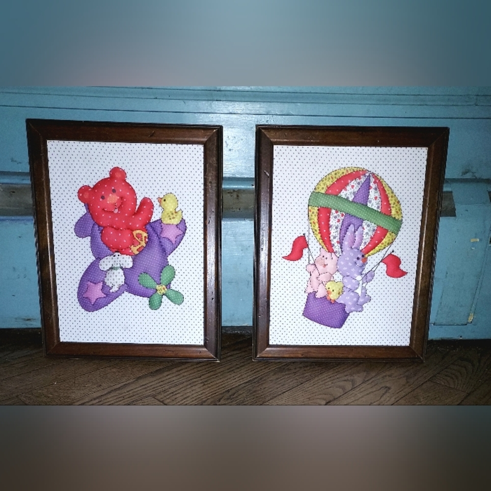 Vintage Set of 2 Puff Fabric Quilted Baby Nursery Wall Art Framed Animals